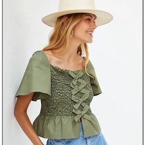 Mare Mare x Anthropologie Smocked Square Neck Puff Sleeve Milkmaid Bow Top XS